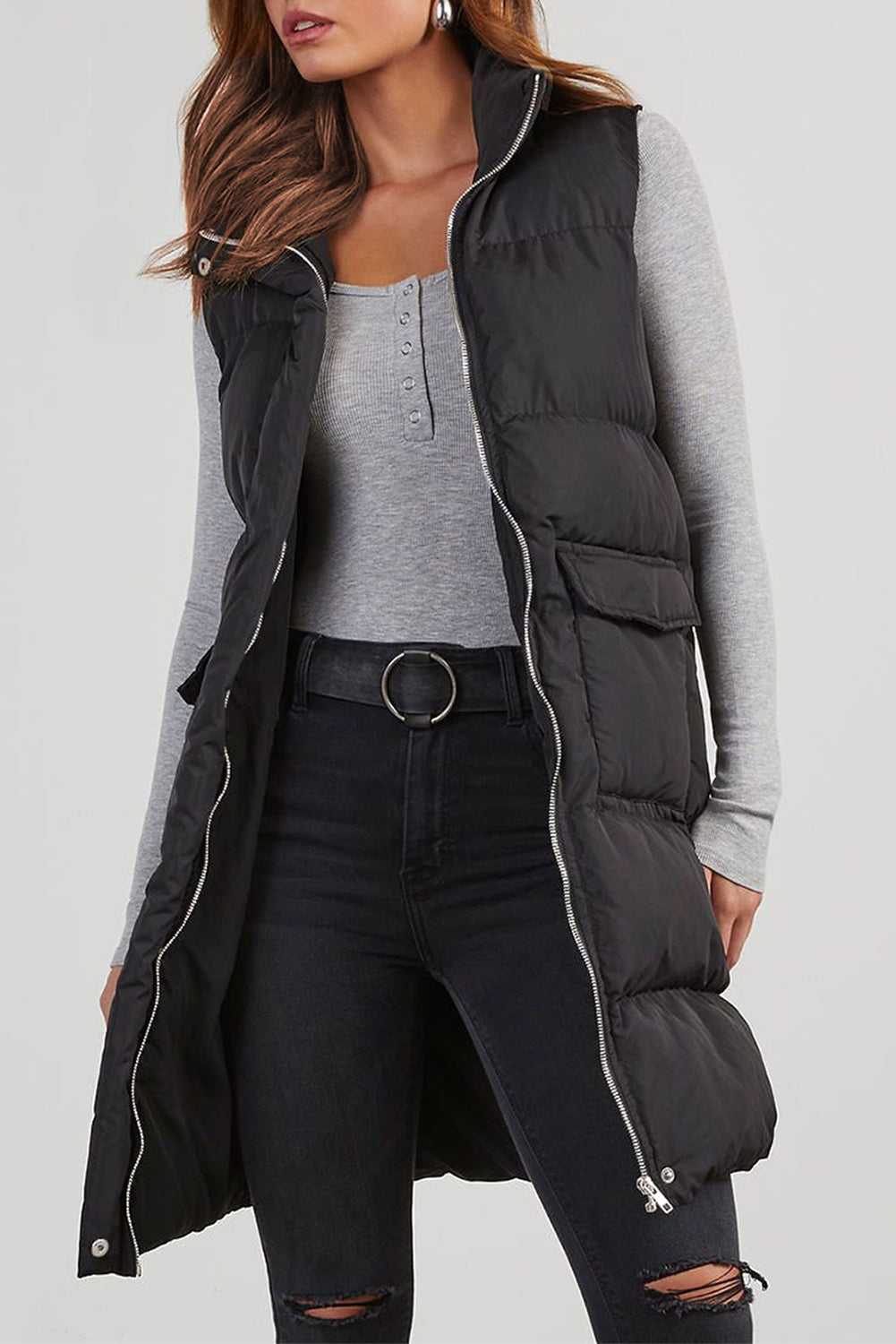 Black Puffer Zip Up Vest Coat