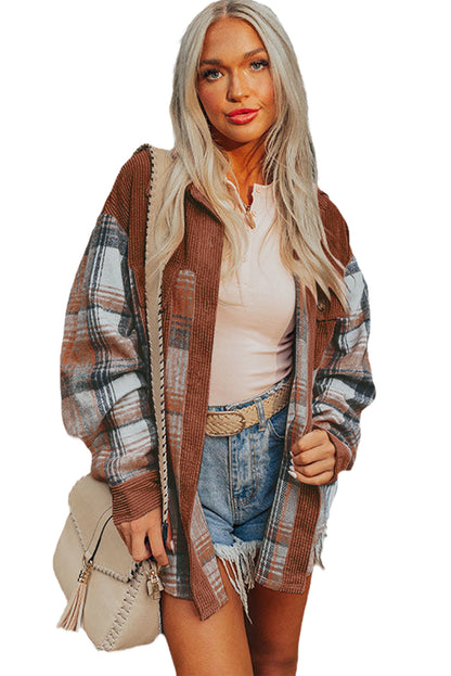 "Cinnamon Plaid Corduroy Loose" Shacket