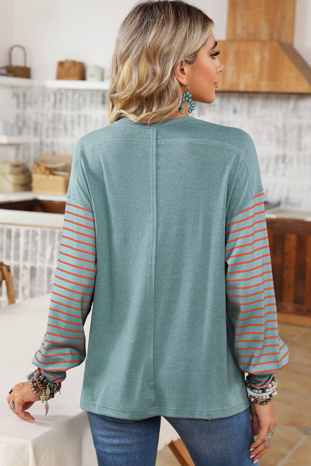 "Striped Bishop Sleeve Top with Side Slits"