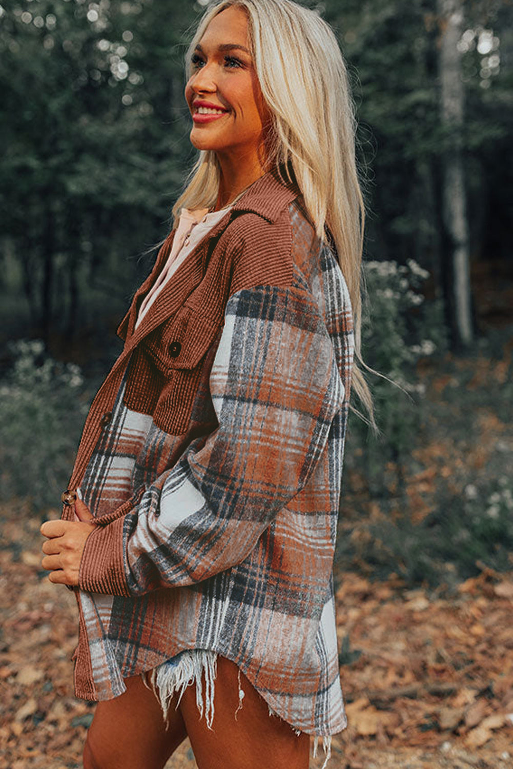 "Cinnamon Plaid Corduroy Loose" Shacket