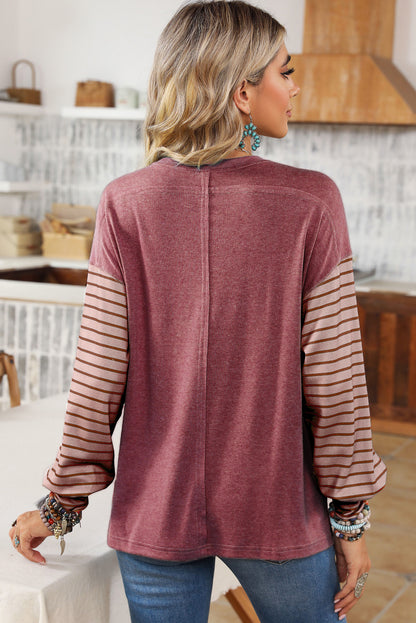 "Striped Bishop Sleeve Top with Side Slits"