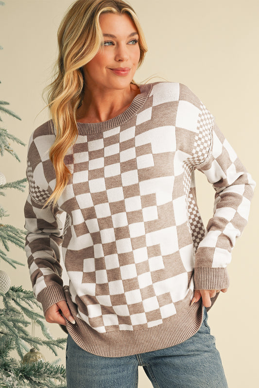 "Khaki Checkered Round Neck" Sweater